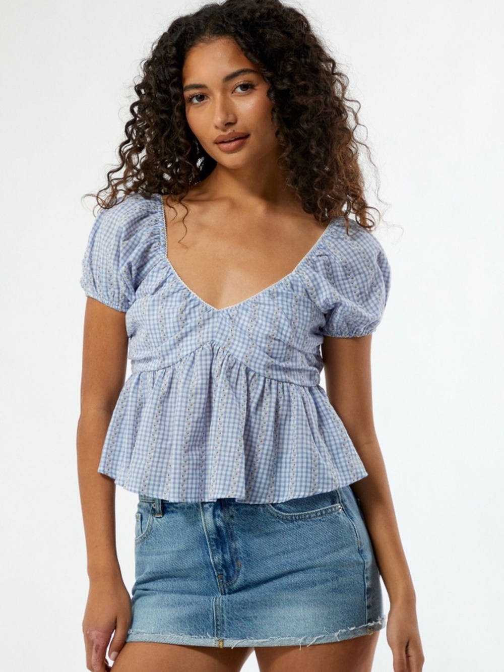 Blue & White Gingham Babydoll Top - size S